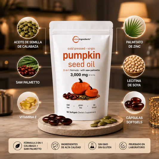 Pumpkin Seed Oil Microingredients® 3000 mg + Saw Palmetto -  Apoya tu Salud Prostática y fortalece tu cabello desde hoy